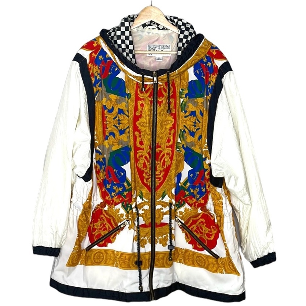 VINTAGE GALLERY WOMAN RETRO PATTERN LONG WINDBREAKER JACKET  CINCHED WAIST SZ 2X